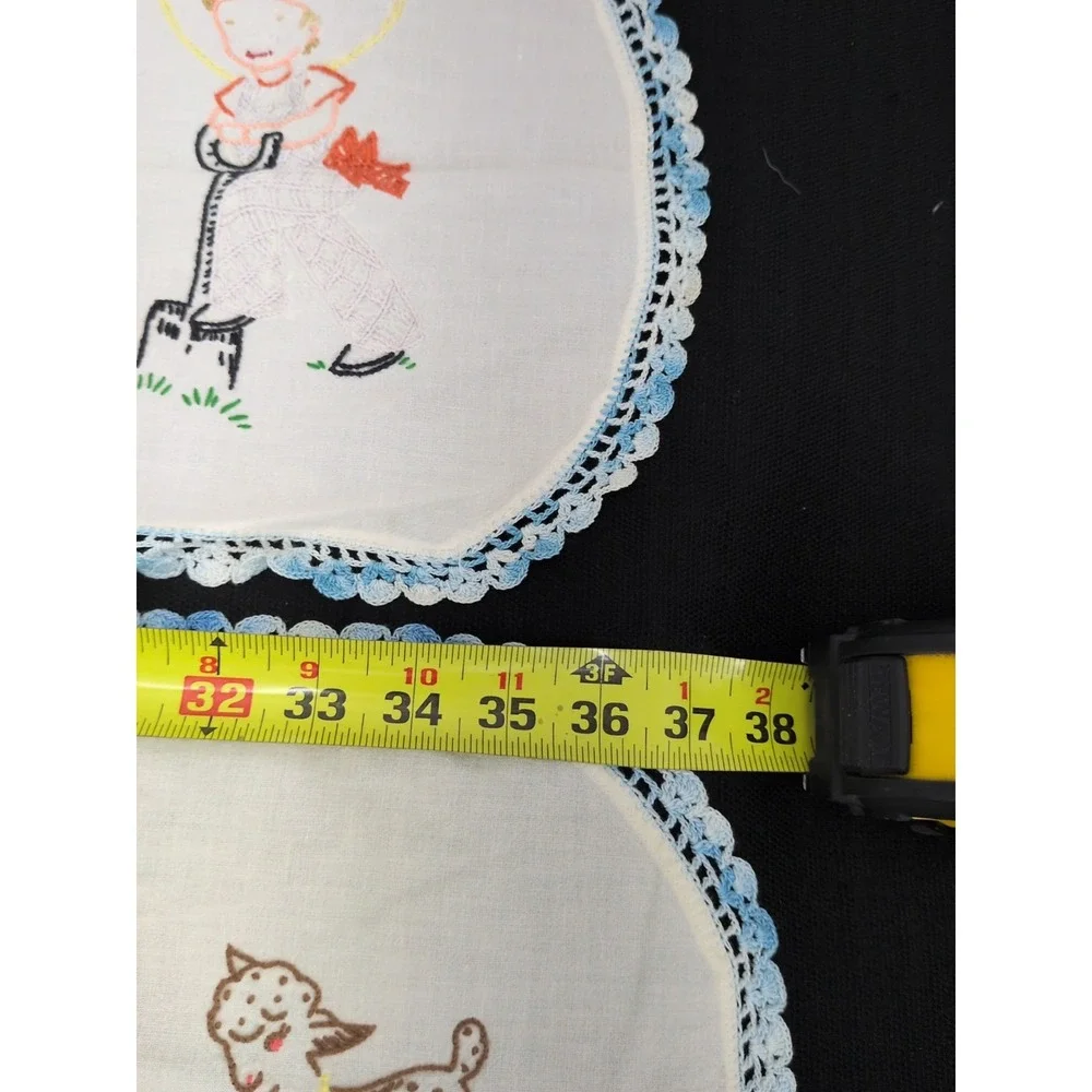 Pair VTG Handmade Embroidered Table Runner Farmhouse Farm Animals Blue Crochet